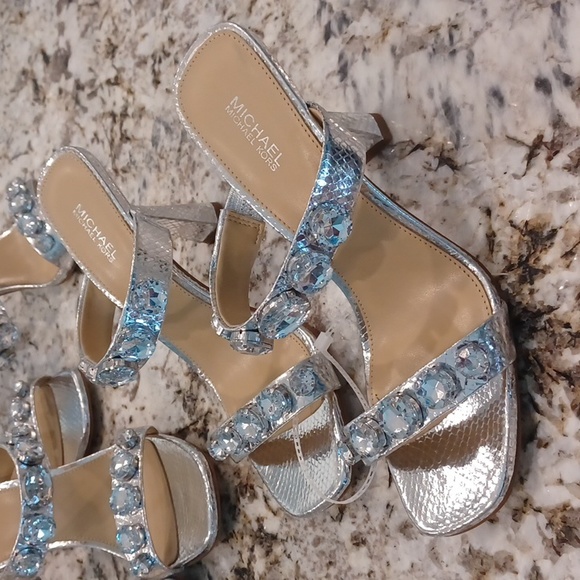 Michael Kors Silver Snakeprint 2 Strap w/Rhinestone High Heel Sandals Multi Size - Picture 4 of 15